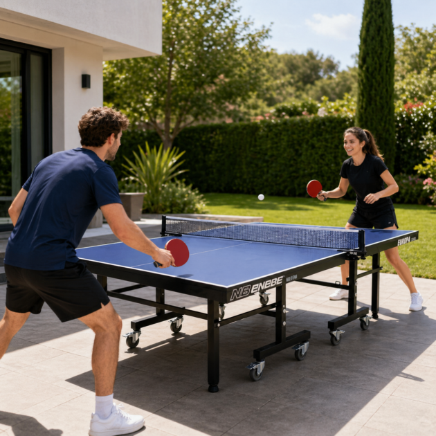 طاولة تنس قابلة للطي للاستخدام الداخلي و الخارجي / table de tennis de table pliable portable d'intérieur en MDF, avec filet à serrage rapide et roues verrouillables